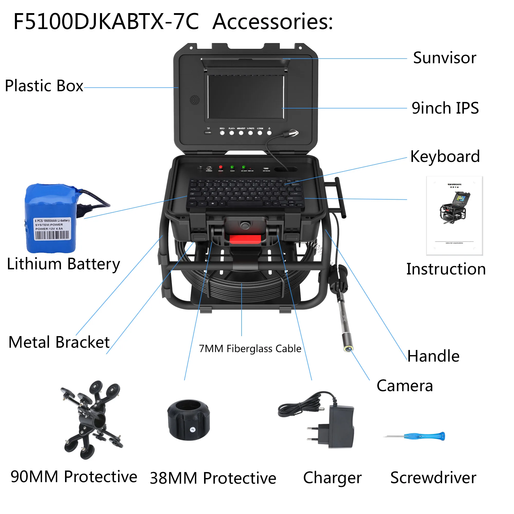 9" DVR Sewer Pipe Inspection Camera Self-Leveling 512HZ Locator Video+Audio Recording 5X Image Enlarge+Meter Counter Endoscope