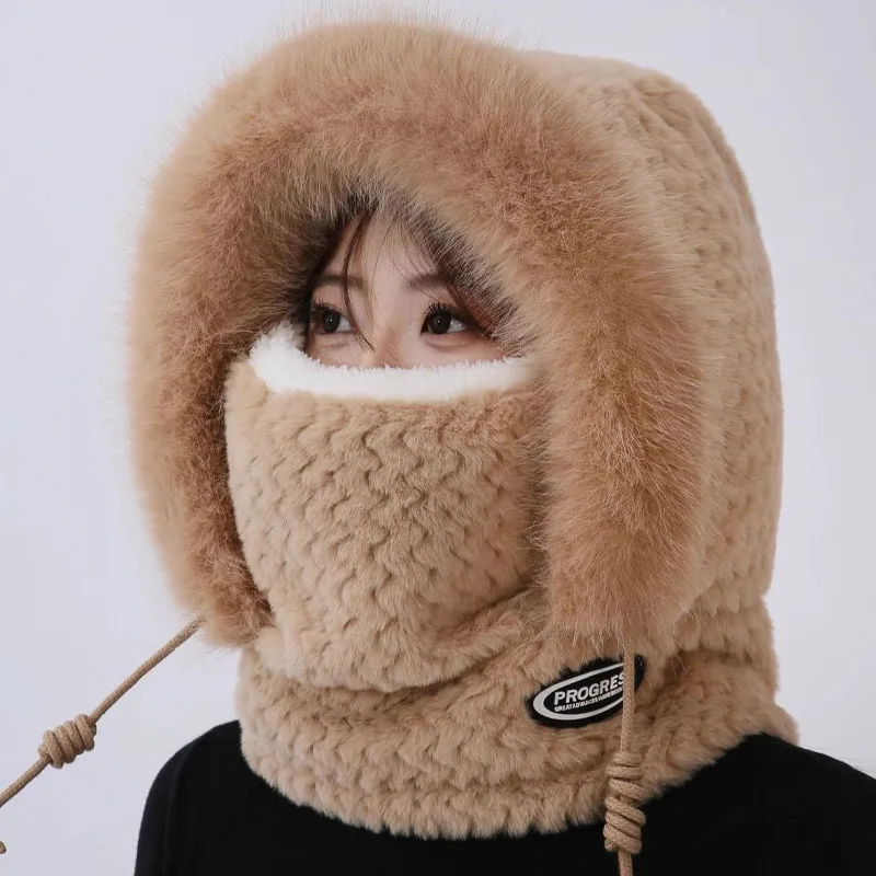 Autumn and Winter Women Thermal Plush Hat Hood Scarf and Mask Ear Protection Windproof Thick Design for Riding Outdoor 1