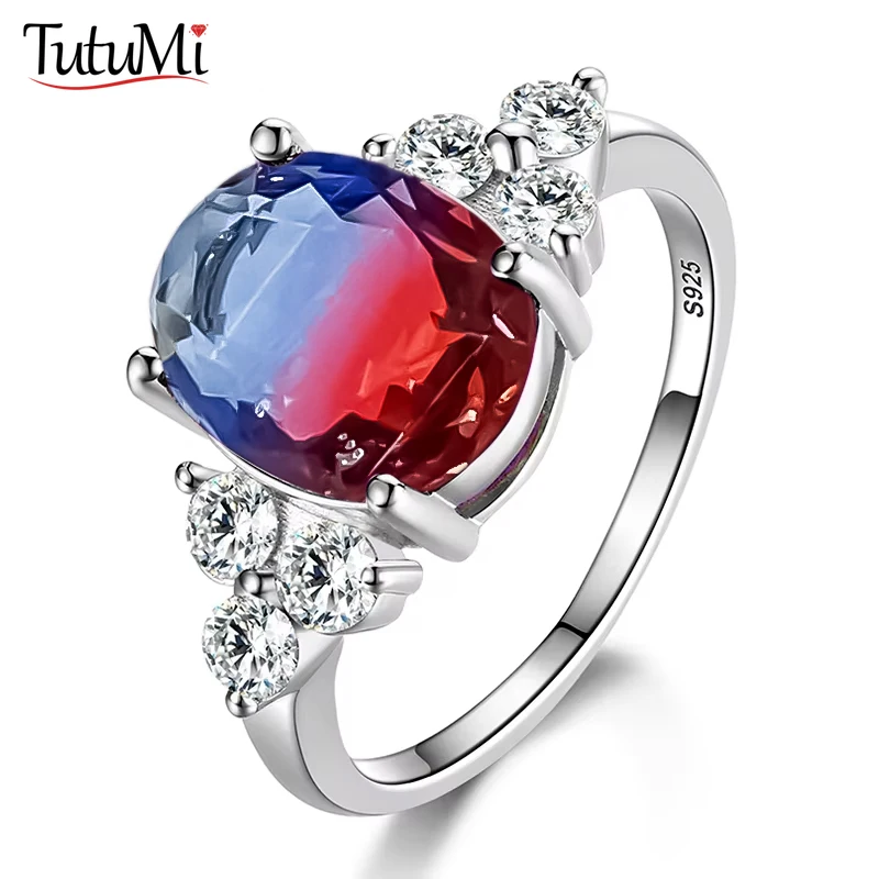Elegant 925 Sterling Silver Zircon Ring with Multi-Colored Oval Stones – Perfect Fashion Jewelry