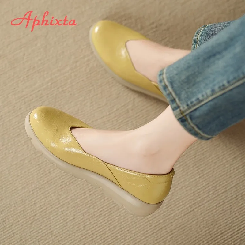 Aphixta Wedge Heel Woman Loafers Shoes Platform Slip on Shallow Concise Soft Leather Yellow Casual Shoes Size 42 Ladies Shoes