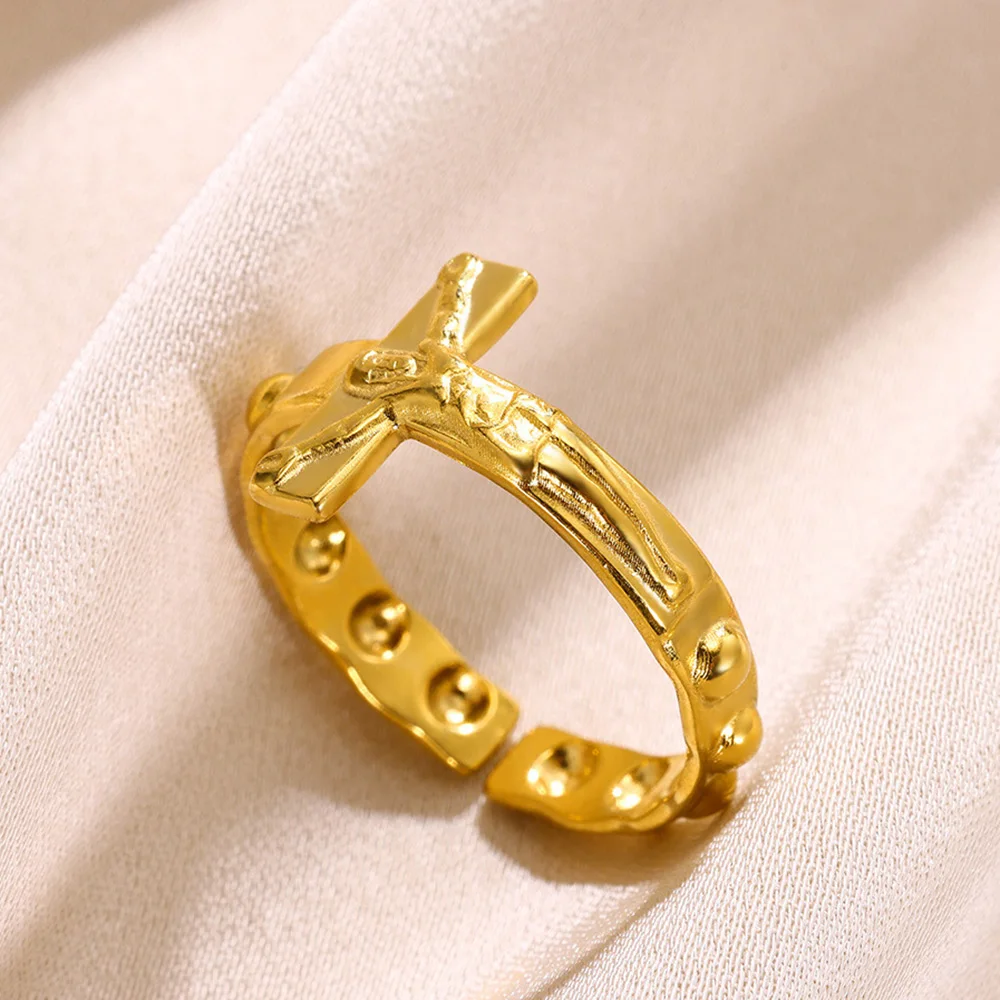 Jesus Cross Rings For Women Men Gold Color Stainless Steel Adjustable Ring