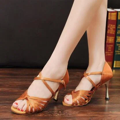 Classic 7Straps Knotted Center Strap Crossover 5.5cm 8.5cm Metal Heel Satin Upper Women's Salsa Rumba Latin Ballroom Dance Shoes 3
