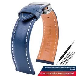 Premium Genuine Leather Men's Watch Band - Black, Brown, Blue - Luxurious Cowhide Bracelet - 21mm Width (Blue White Silver B)