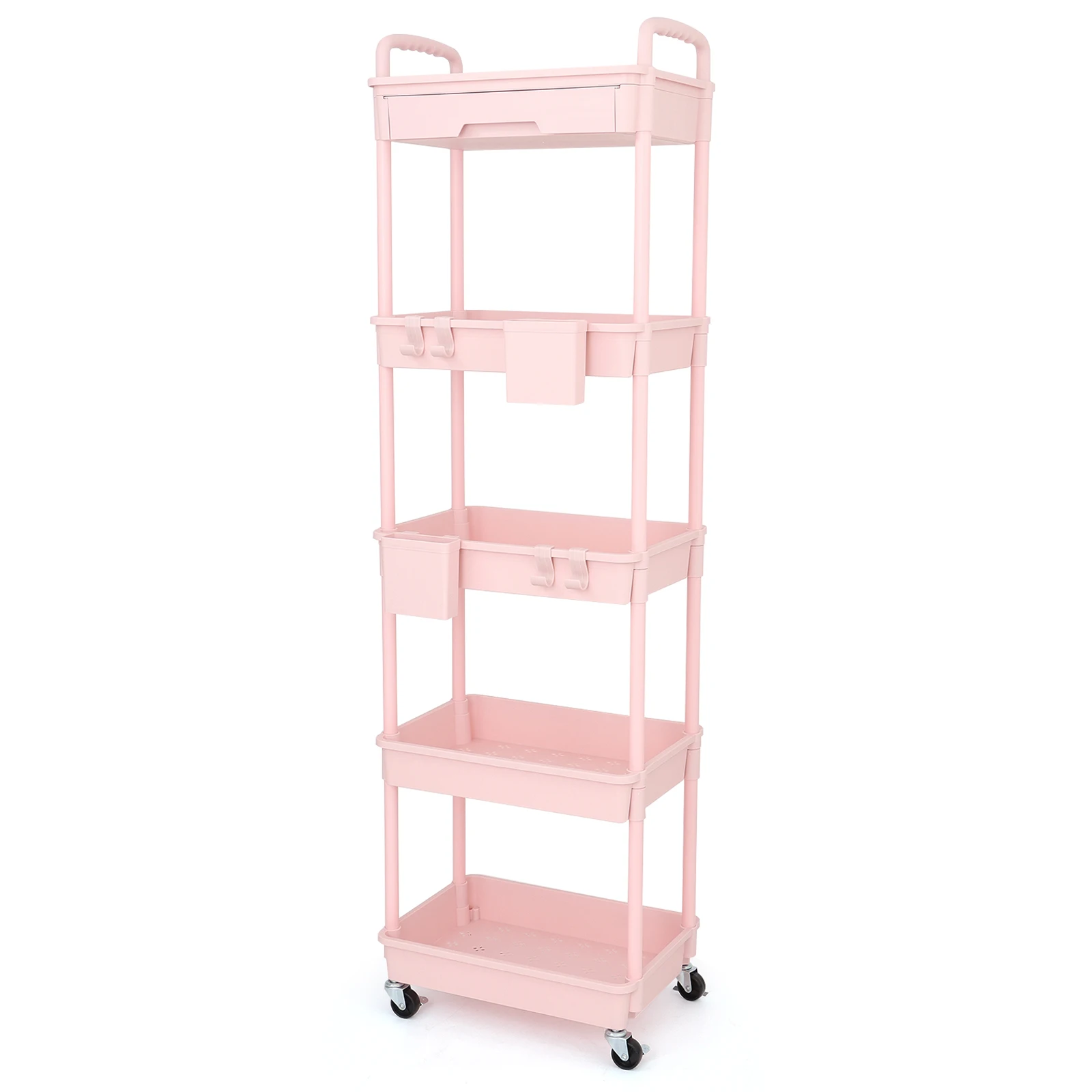5 Tier Rolling Utility Cart with Drawer,With Drawer & Extended Poles,With Plastic Shelf & Lockable Wheels,Smooth Mobility