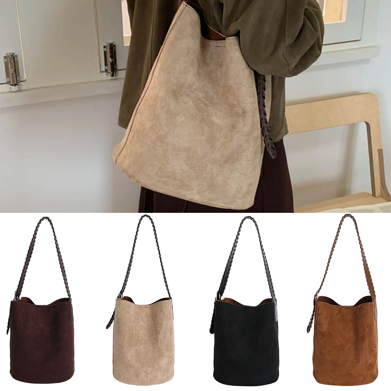 PU Single Shoulder Bag Solid Color Bucket Bag Underarm Bag Casual for Women Ladies Work Travel Commuting
