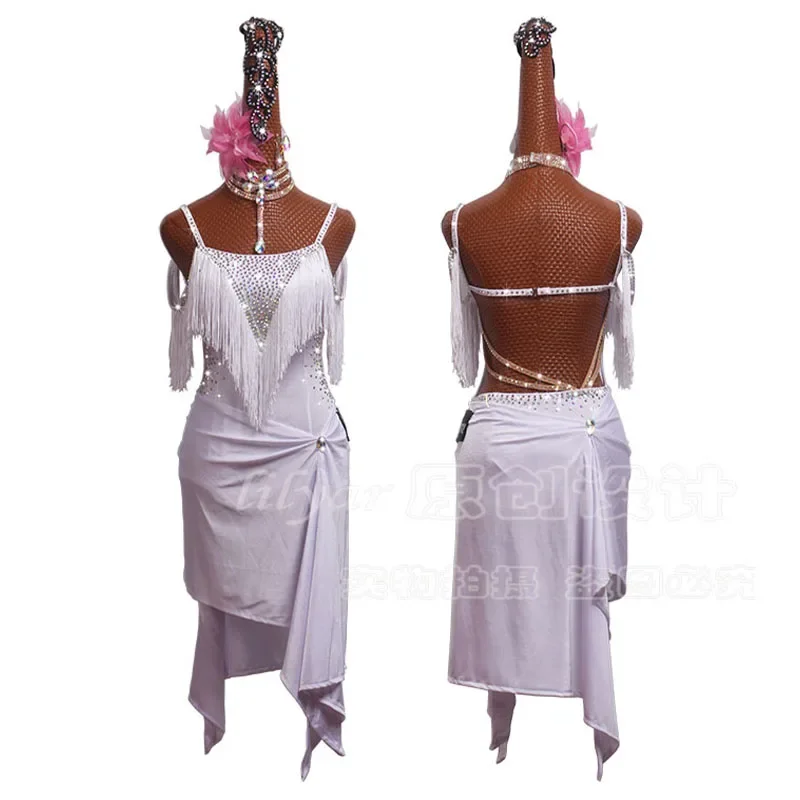

Latin Dance Competition Dress Costumes Performing Dress Sparkly Rhinestones Customize White Dress for Women Party