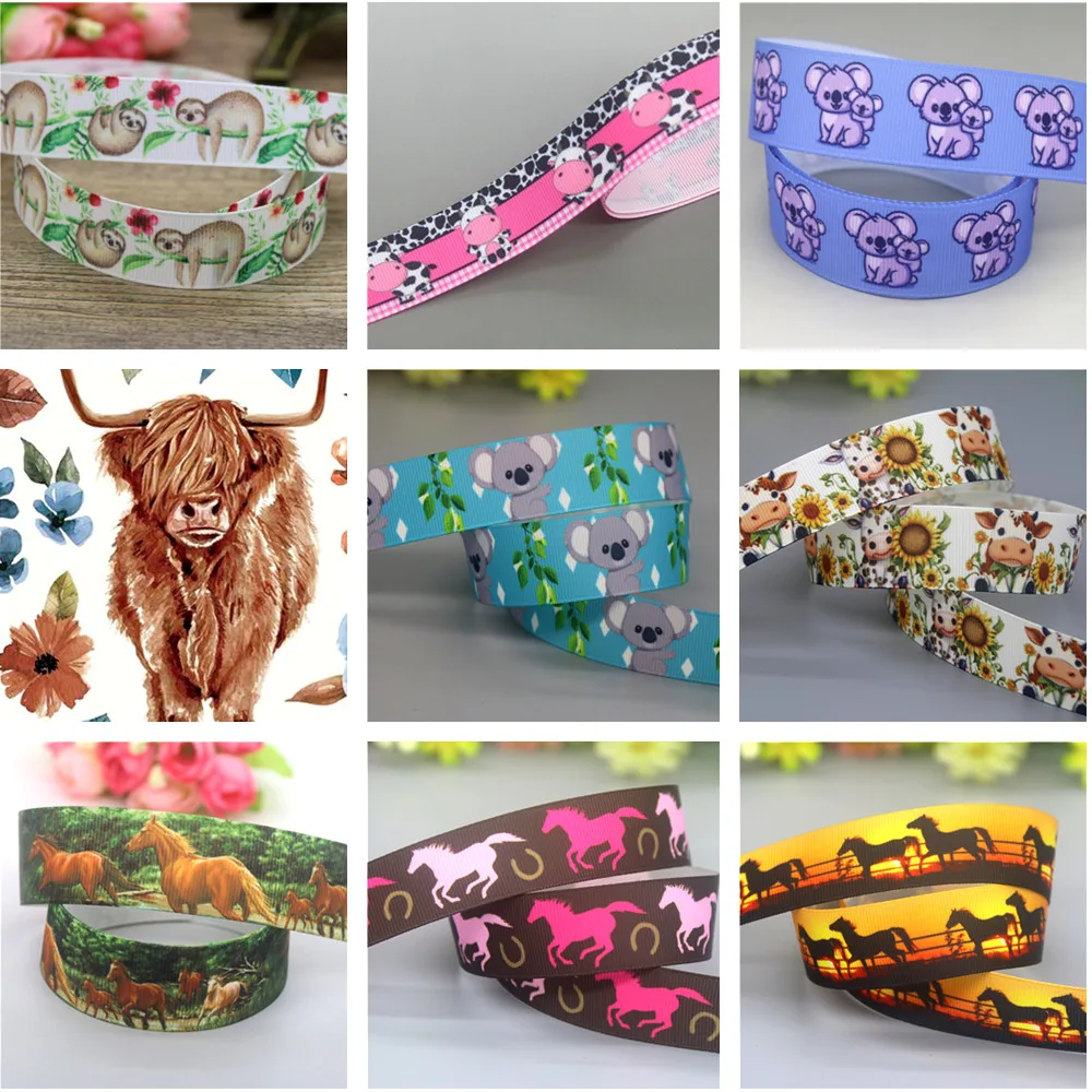 DUWES 50yards Cow Bull Rhino Sloth Horse Koala Printed Grosgrain Ribbon Accessories Decoration Collar DIY Sewing Craft D2553