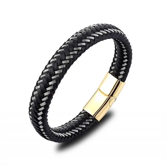 Classic Black Leather Wrap Bracelet for Men Metal Magnetic Clasp Fashion Bangle Bracelet Birthday Gift LZ8038-Gold-23cm