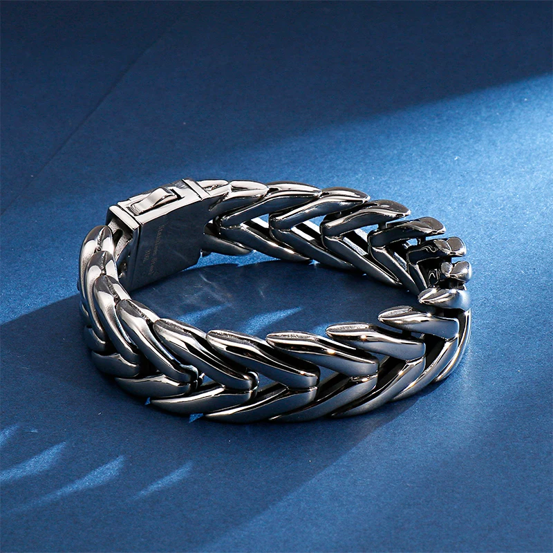 Fongten Men Charms Bracelet Stainless Steel Link Chain Shiny Bangle Bracelets Men Hip Hop Silver Color Heavy Jewelry