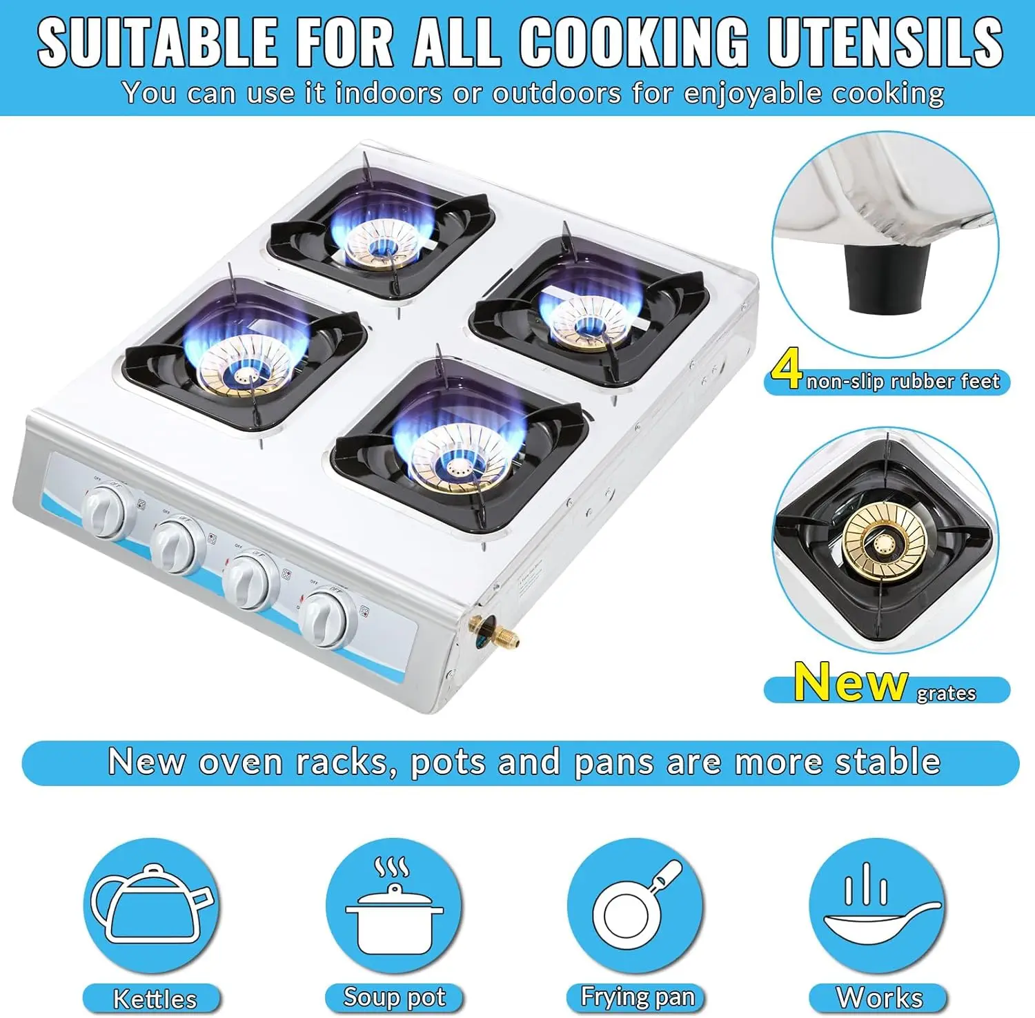 Stove,4 Burner Gas StovePortable Gas Stove Auto Ignition Camping Stainless Steel Stove 4 Burner LPG for RV, Apartment,Outdoor 3