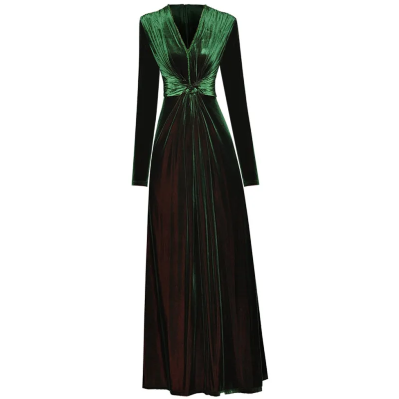 

Dresses For Women 2022 Elegant High Quality Brand Autumn Green Velvet Party V-neck Long Sleeve Folds High Street Lady Long Dress