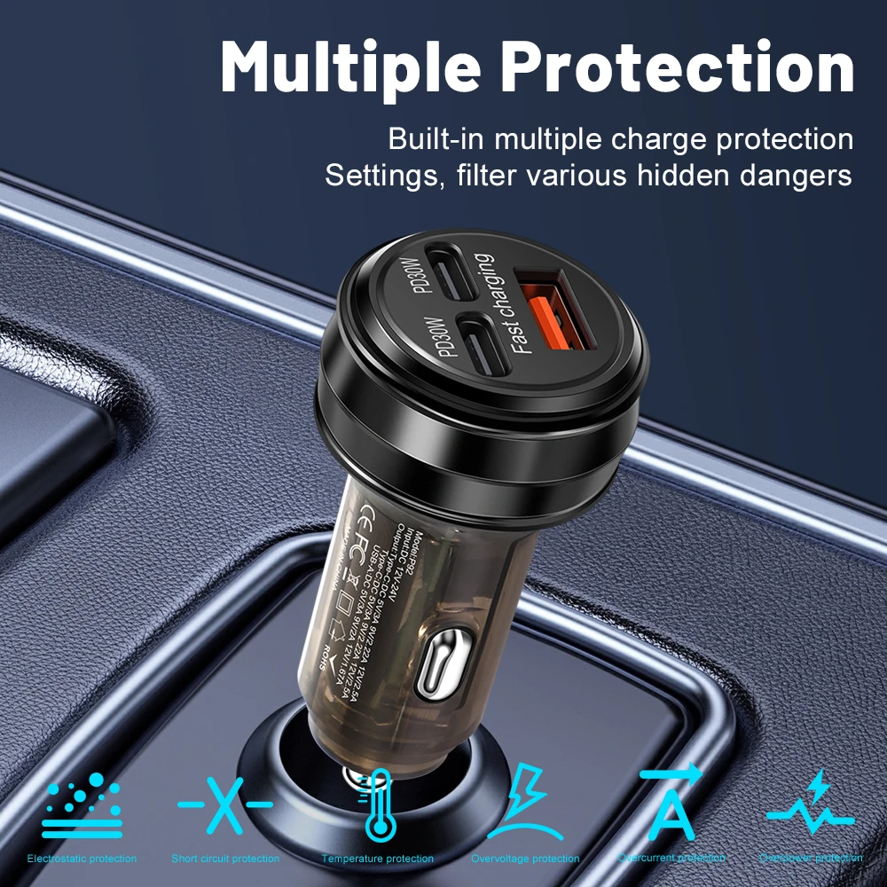 80W Fast Charger 3 Ports PD USB Car Charging Mobile Phone Type-C Adapter Quick Charger in Car for iPhone Samsung Xiaomi