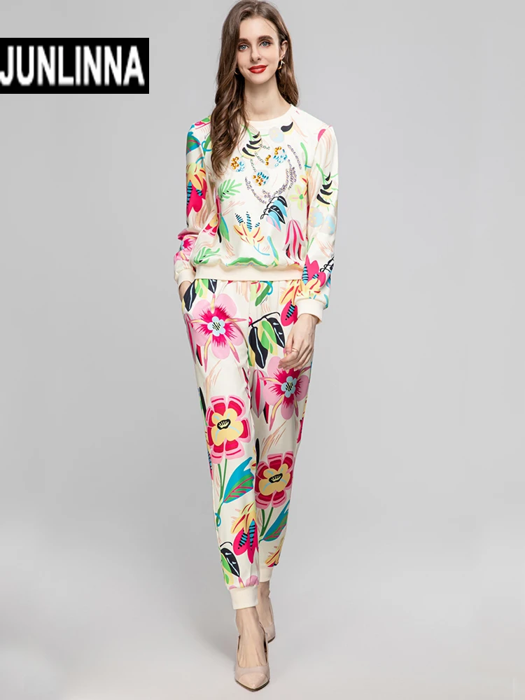 

JUNLINNA Autumn Winter Women Two Piece Set Elegant Printing and Beading T-shirt+Trousers Casual Pants Suit