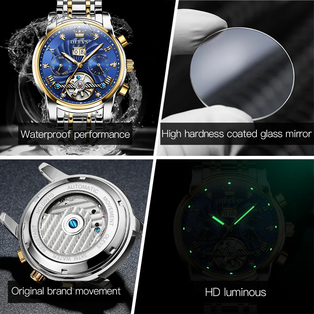 OLEVS 9910 Tourbillon Men Automatic Watch Original Waterproof Luminous Calendar Watch Skeleton Brand Luxury Men Mechanical Watch 5