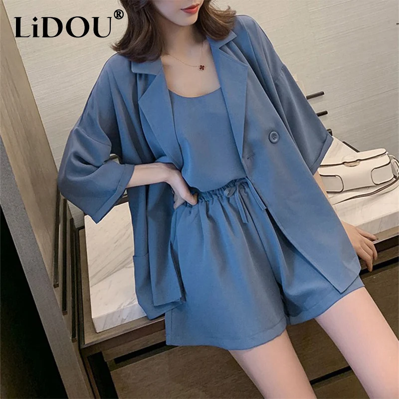 

Spring Autumn Korean Style Loose Casual Blazer Camisole Wide Leg Shorts Set Women Simple Elegant Fashion Solid All-match Suit