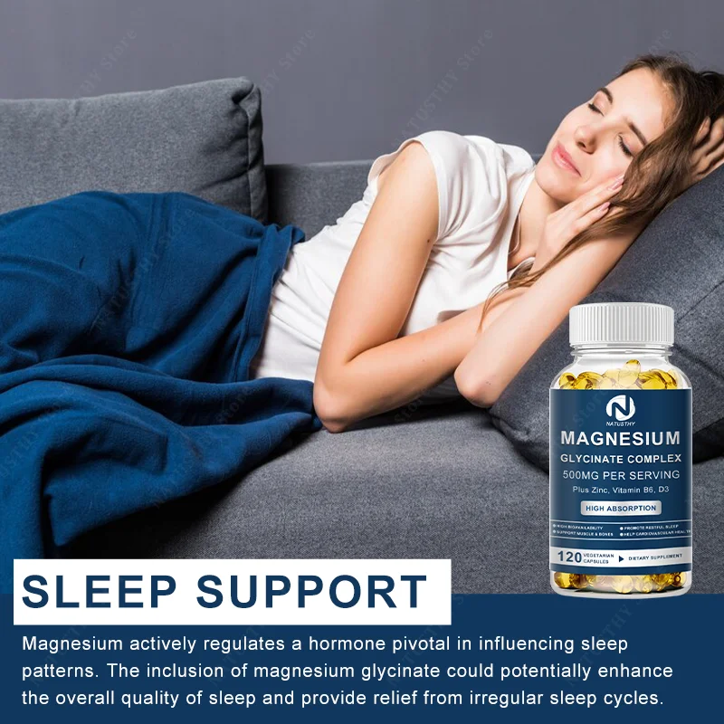 Magnesium Glycinate Supplement 500mg & Zinc, Vitamin D3 B6 High Absorption Support for Women & Men Mineral Vegan Capsules