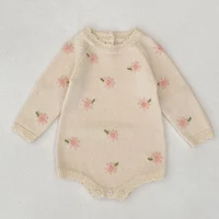 Barboteuse tricotée pour bébé fille de 0 à 2 ans, broderie florale, col à volants, manches longues, combinaison pour enfant en bas âge, printemps-automne 6