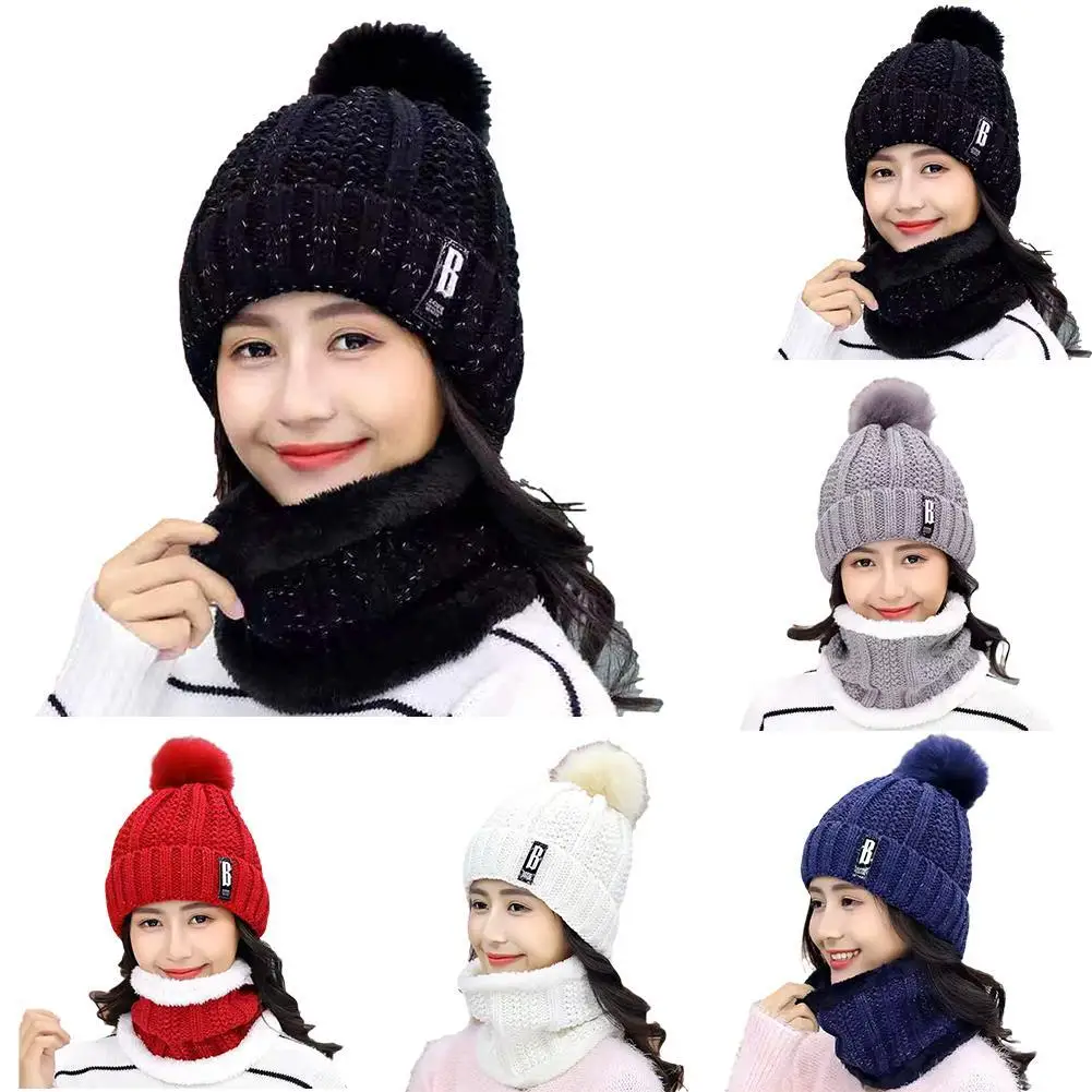 

Winter Knitted Hat Scarf Set Thick Skullies Beanies Warm Hats For Women Outdoor Snow Riding Ski Bonnet Windproof Caps