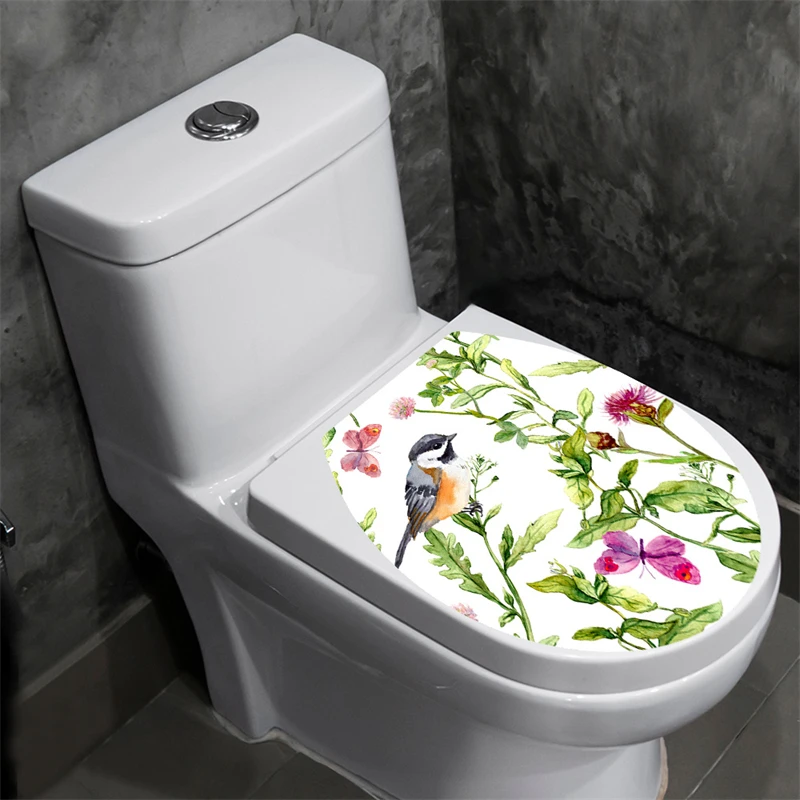 Toilet Cover Stickers Tropical Green Plants Bird Flower Printed Floral Butterfly Pattern WC Bathroom Decor Home Decoration Decal