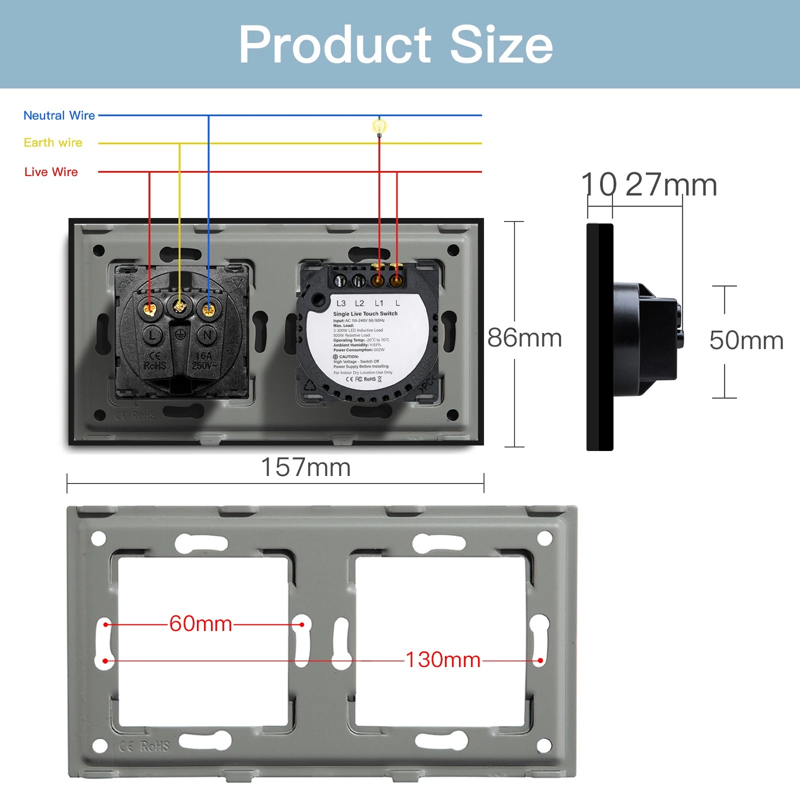 Interruptores Tactiles Livolo  Interruptor doble+doble de Cristal Negro 1  via EU