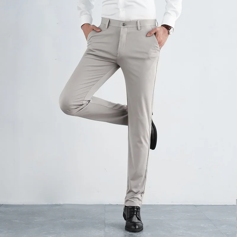 England Style Fashion Simple Elegant High Elastic Pants Men Solid Zipper Pocket Button Spring Straight Ice Silk Casual Trousers