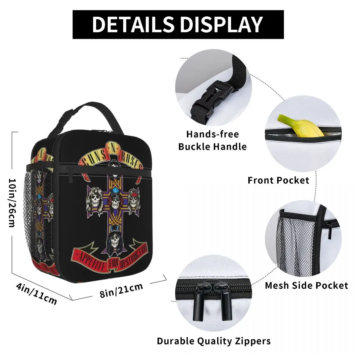 Guns N Roses Heavy Metal Accessories Insulated Lunch Bag For School Office Food Box Portable Cooler Thermal Lunch Boxes