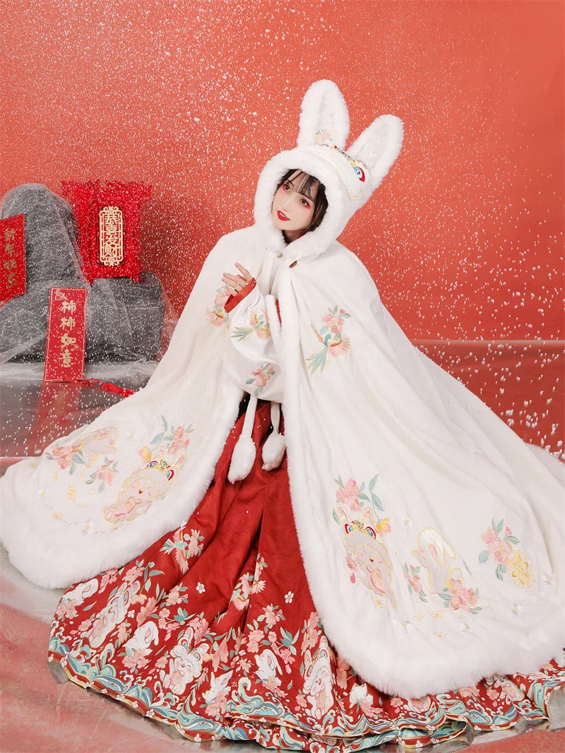 Winter Rabbit Large Fur Collar Cloak Hanfu Hooded Shawl Chinese