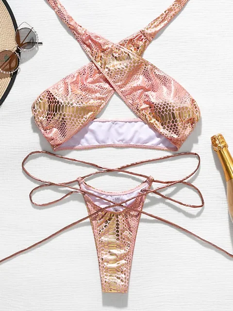Snake Skin Mini Micro Thong Bikini Women Swimwear Female Swimsuit Two Pieces Bikini Set Halter Wrap Around Bathing Suit Swim 1