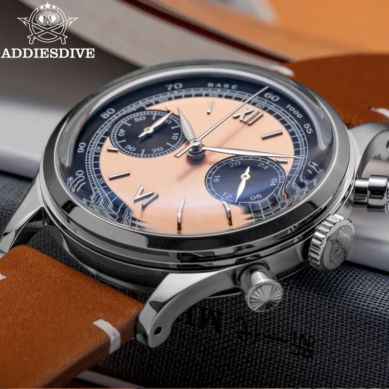 ADDIESDIVE Men watches Quartz Wristwatch Sport waterproof 100m Chronograph AR Coating VK64 Movement Retro Leather Watch New 6