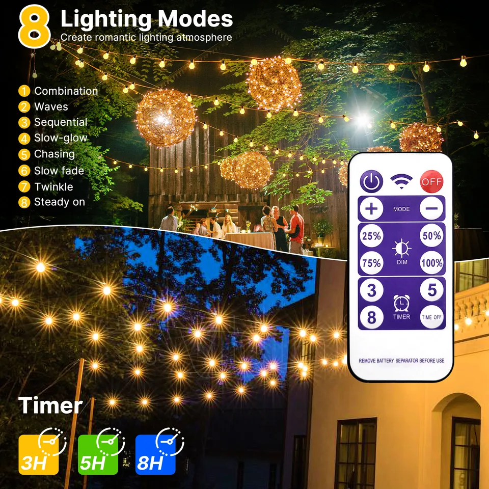 Luci Solari Da Esterno ST38 - Catena 30m Con 32 Lampadine LED, Telecomando, Impermeabile IP65 - Patio Deals - 3