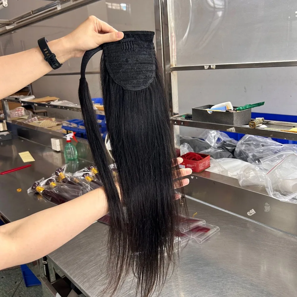 12-26 인치 스트레이트 인간의 머리카락 랩 포니 테일 자연 색상 브라질 버진 헤어 클립 여성용 포니 테일 확장