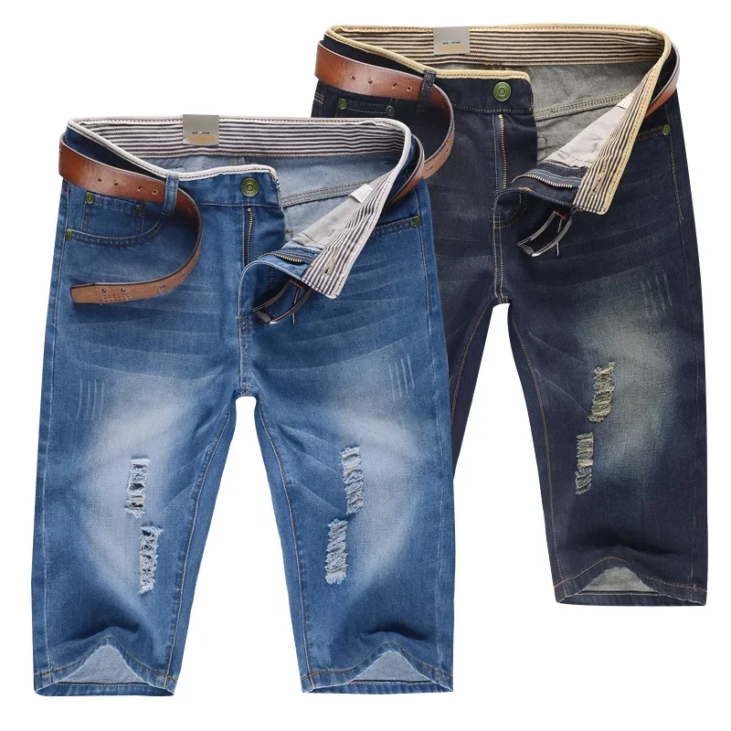 28-40 Men's Personalized Washable Perforated Denim Pants Large Casual Middle Pants