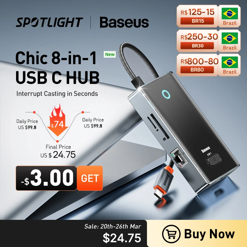  Baseus USB C Hub 4K@60Hz HDMI-Compatible with 2USB3.0+USB-C+USB2.0+Internet Port &SD+TF Card Reader for MacBook & USB-C Laptops 