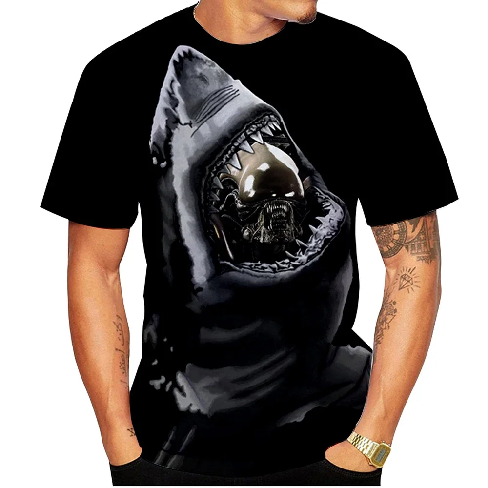 

Summer Fashion Casual 3D Printing Shark Pattern Men's Plus Size Trendy Street Loose O-Neck Sportswear Top Short Sleeve T-shirt。