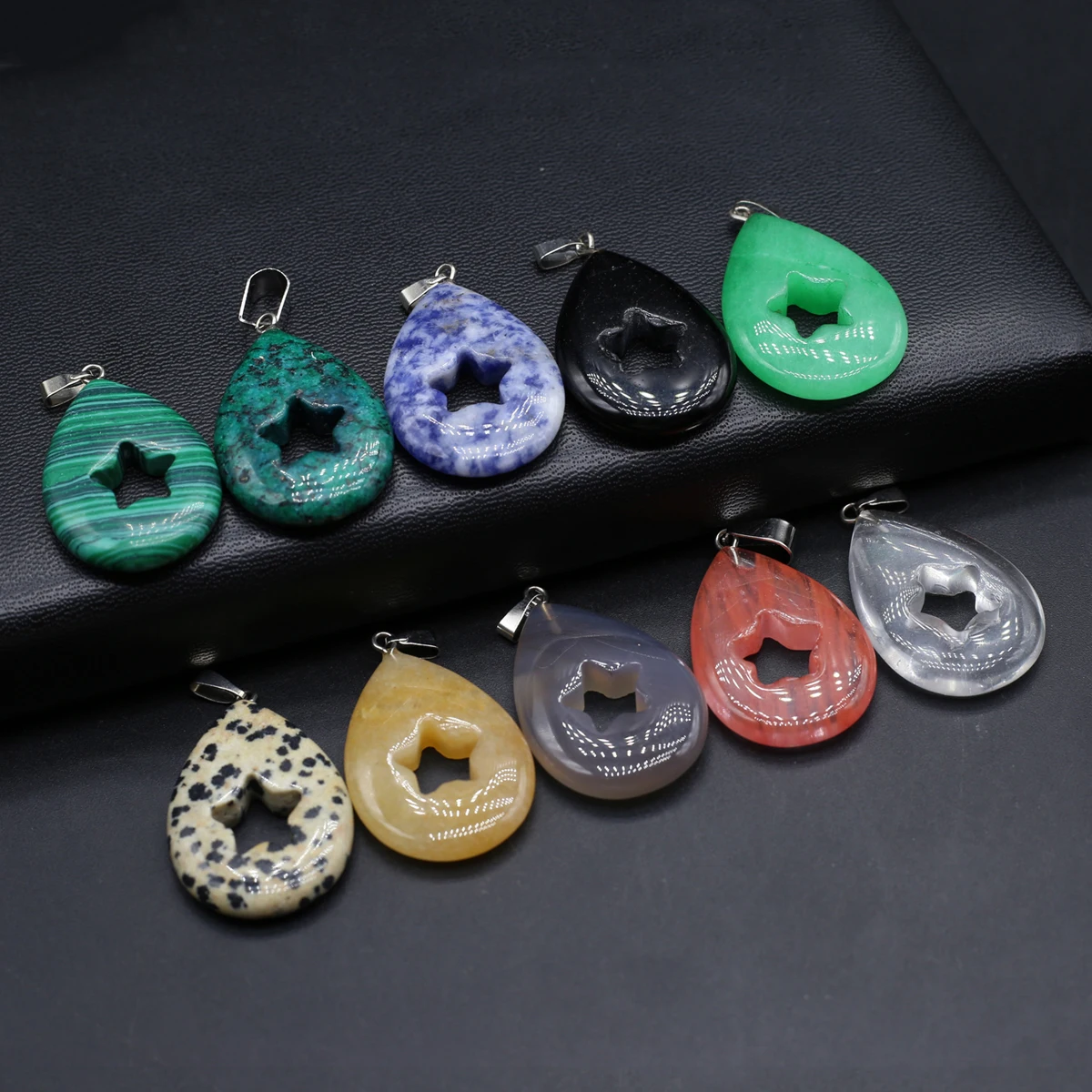 

10PCS Natural Semiprecious Stone Random Color Hollow Pentagon Water Droplet Pendant Jewelry Making DIY Necklace Accessories