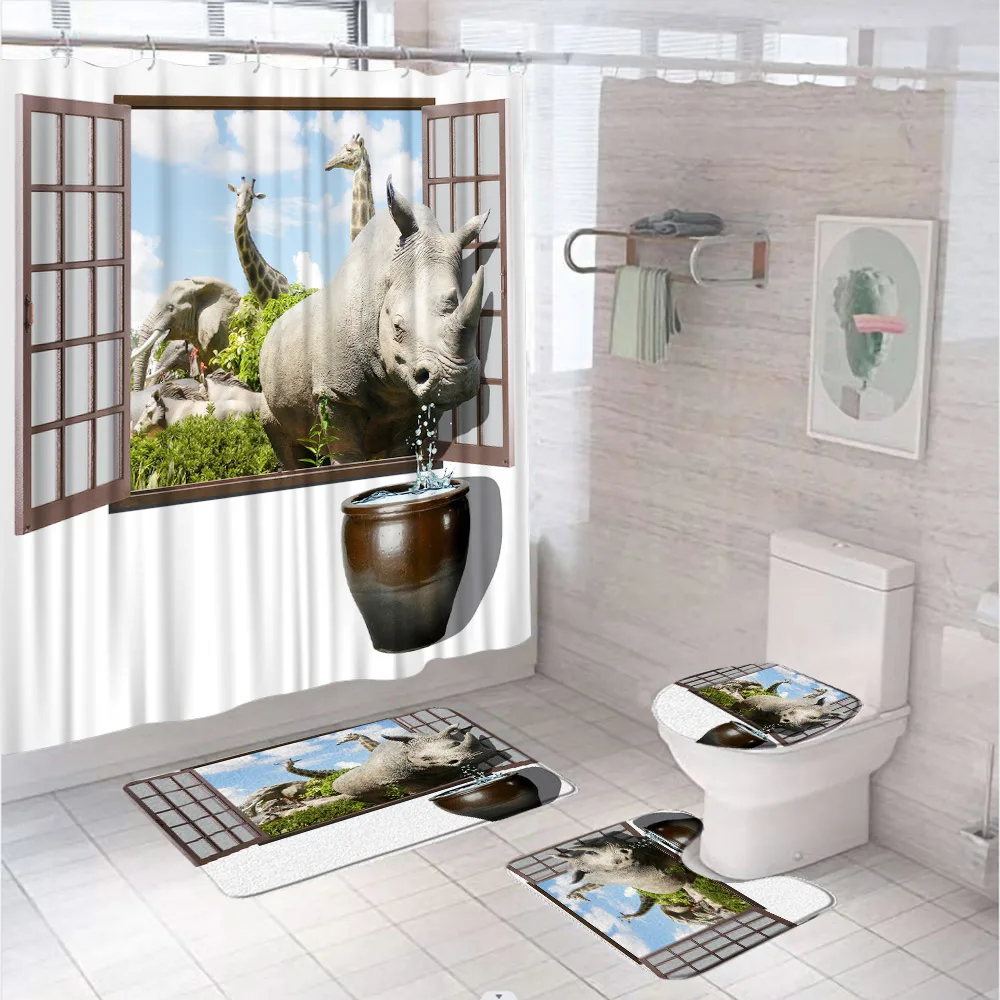 

Rhino Elephant Giraffe Shower Curtain Set Non-Slip Carpet Rug Toilet Cover Bath Mats Wild Animal Window Fabric Bathroom Curtains