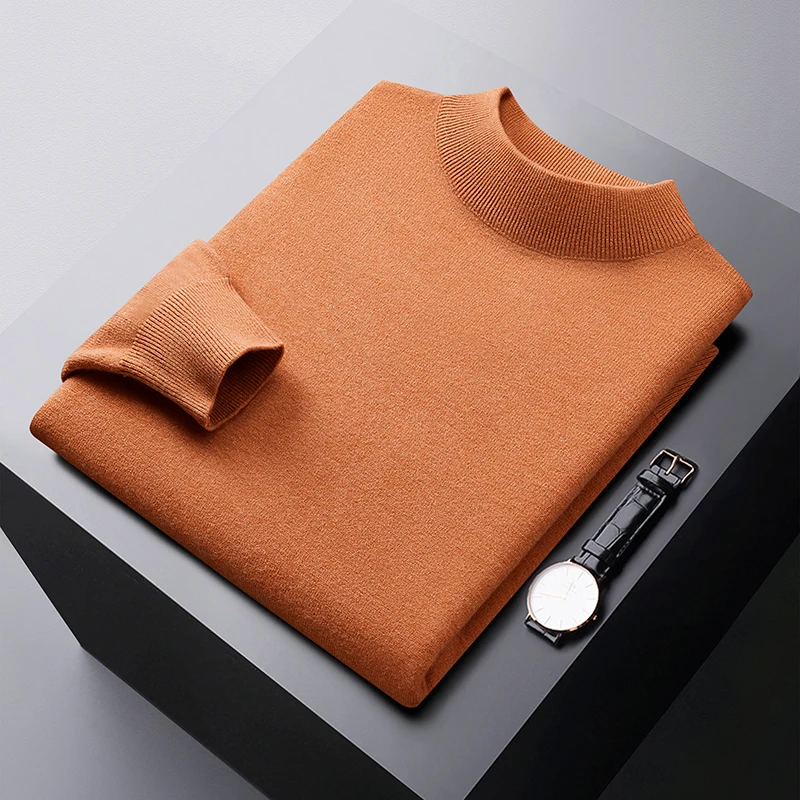 Autumn and Winter solid color sweater men's elastic comfortable warm cold-resistant top fashion casual half turtleneck sweater 2