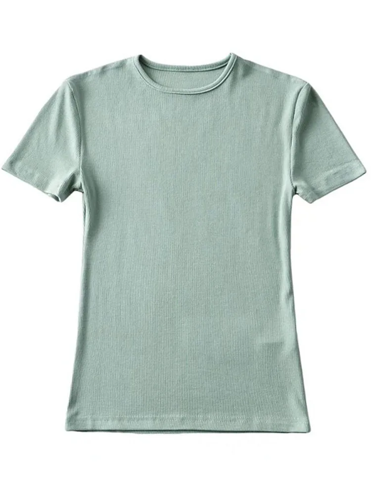 Casual Summer Woman Skinny Fit T-shirt Tight Short-Sleeve O-neck Tee Basic Solid Crop Tops T Shirt 4