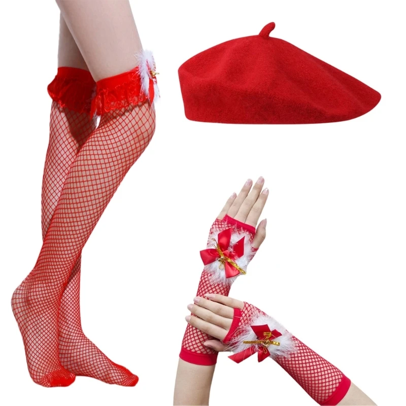 

Christmas Hat Unisex Adult Gloves with Bright Color Mesh Stocking Cosplay Santa Costume for Festive Party New Year Decor