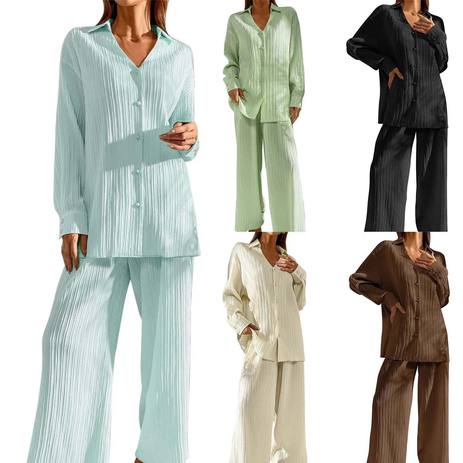 

Pleated Women's Set Long Sleeve Lapel Shirt Tops and Wide Leg Pants Suit Elegant Tracksuit Casual 2 Piece Set Spring Streetwear