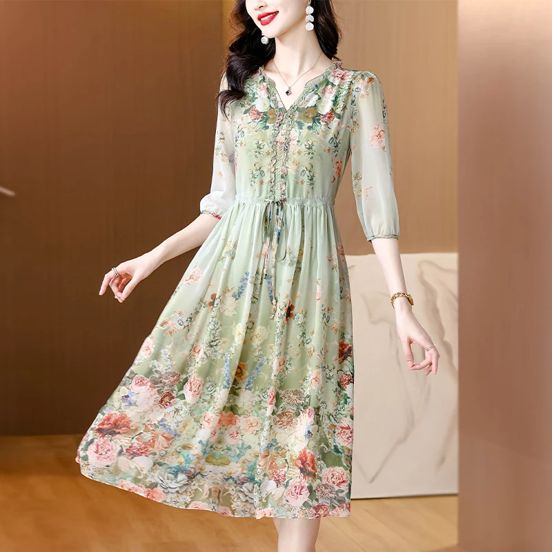 2025 Spring Floral Silk Luxury Midi Dress - Vintage Boho Elegance