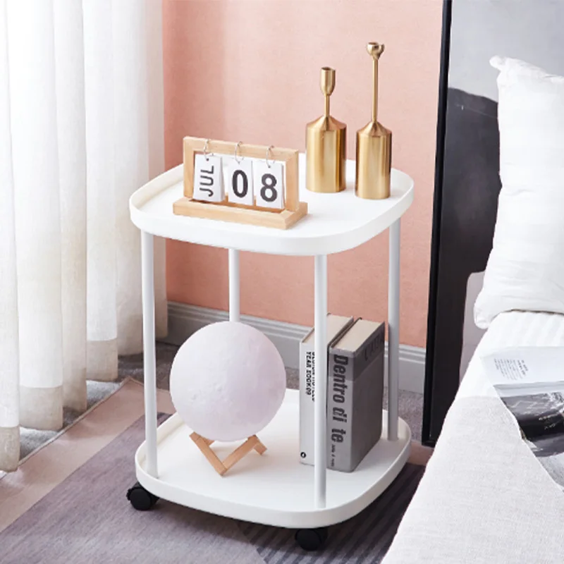 Double Layer Bedside Shelf Iron Frame Removable Roller Double Layer Sofa Side Shelf Multifunctional for Living Room for Office