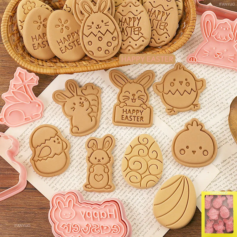 8Pcs Baking Decorating Tools DIY Easter Cookie Biscuit Mold Cartoon Bunny Egg Cookie Cutters 3D Rabbit Baking Fondant Mold Stamp