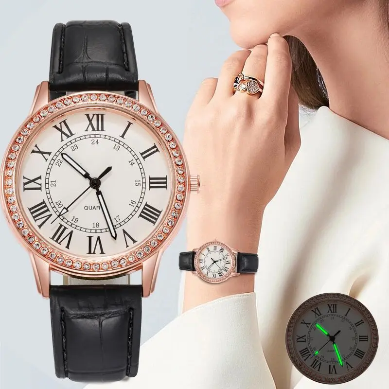 

Hot Sale Brand Casual Crystal Quartz Luminous Watch Women Leather Strap Dress Wristwatches Relogio Feminino Ladies Clock
