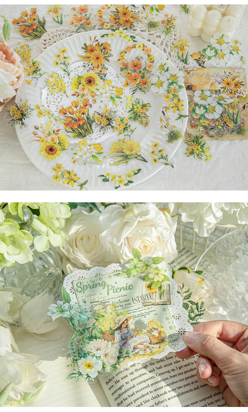 40 Pcs Fresh Flower PET Sticker Pack Aesthetic Hand Accounting Transparent Decoration Scrapbooking Stationery Supplies for Kids