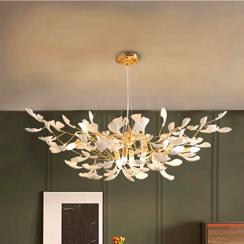 Art Deco Ginkgo Leaf Antique Copper Pendant Chandeliers Lampadari White Ceramic Lamp Hotel Hall E14 Led Chandelier Lighting