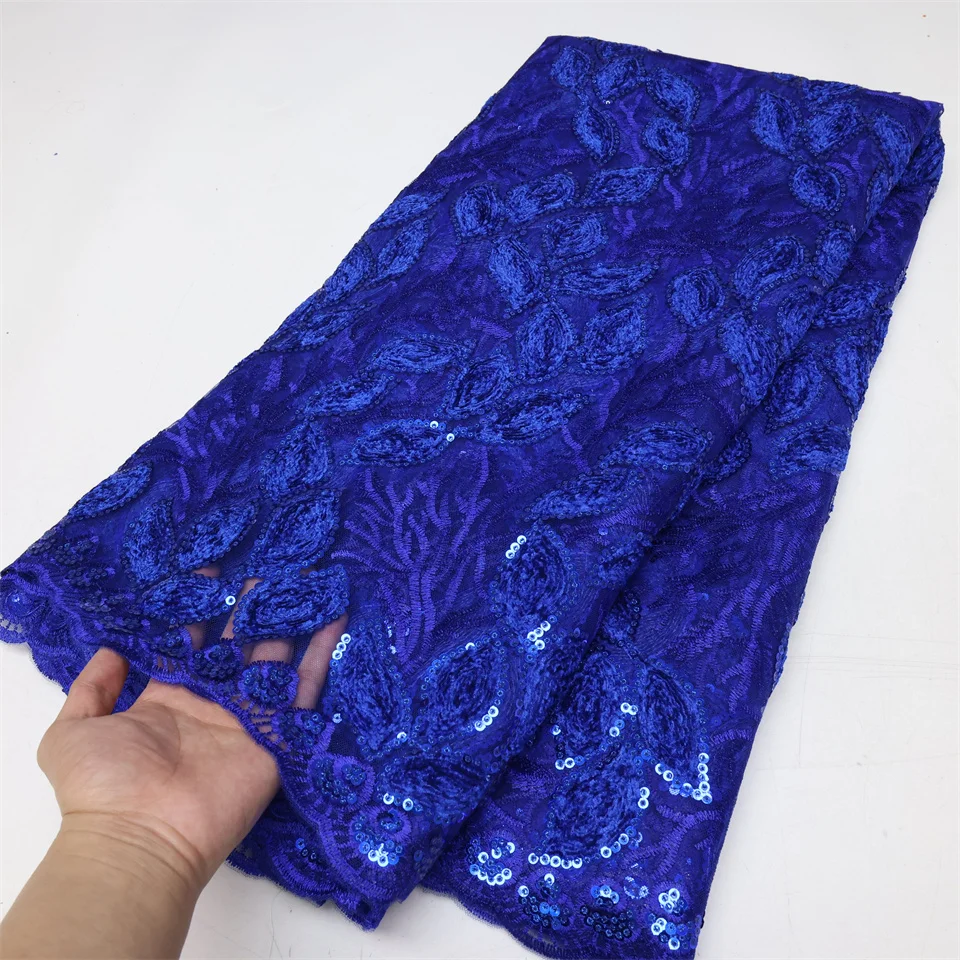 

Embroidered Mesh Lace Fabric for Party Dress Sewing 2023 High Quality African Blue Velvet Sequined Tulle Lace Fabric 5yards