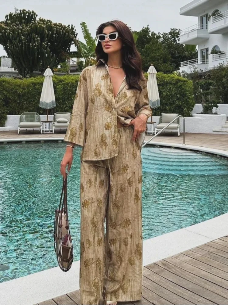 HH Casual Jacquard Shirt Pants Suit Women Lapel Half Sleeve Button Shirts Wide Leg Pant Suits Female Summer Streetwear Set