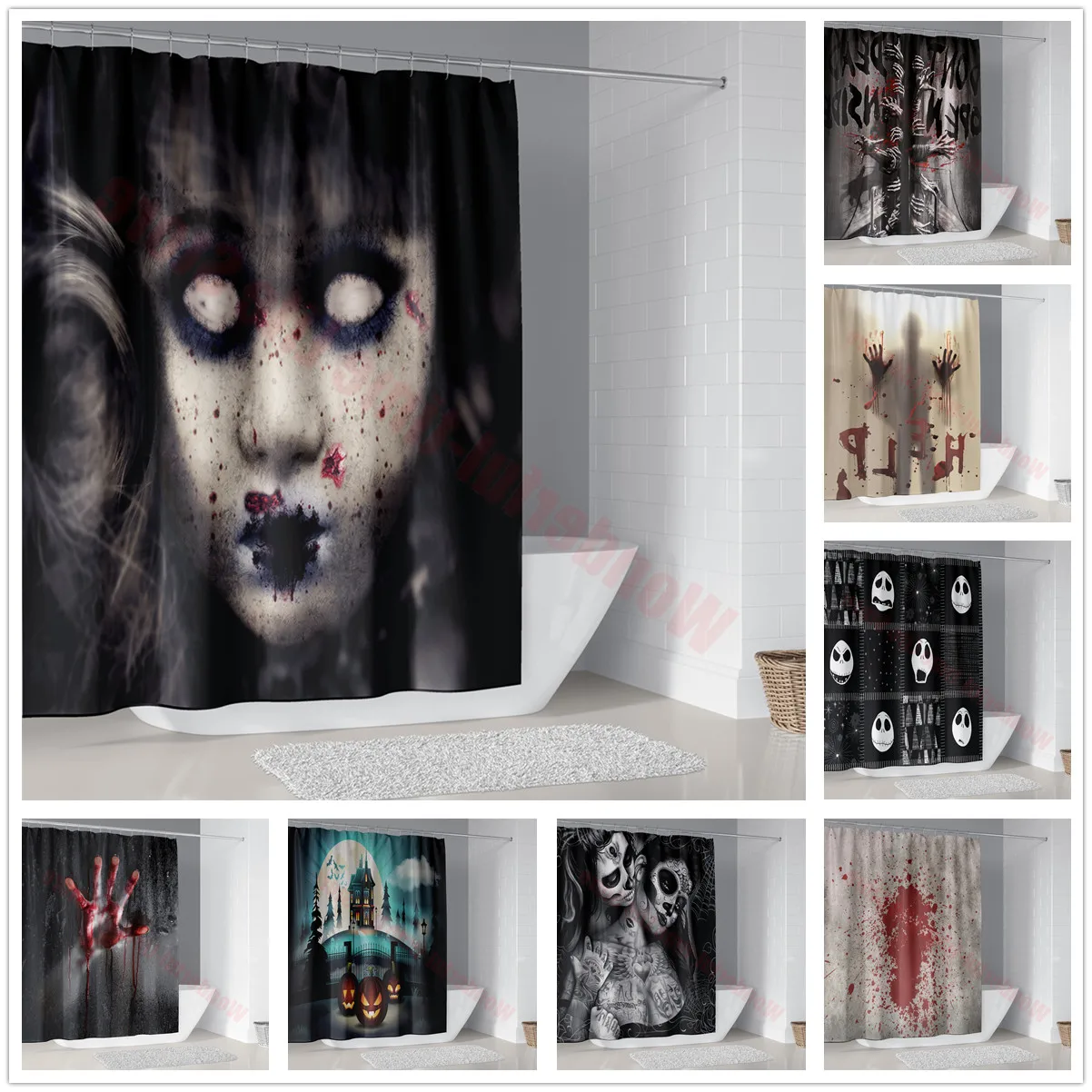 Halloween Shower Curtain Horror Bloody Hands Lip Bath Bathtub Screen
