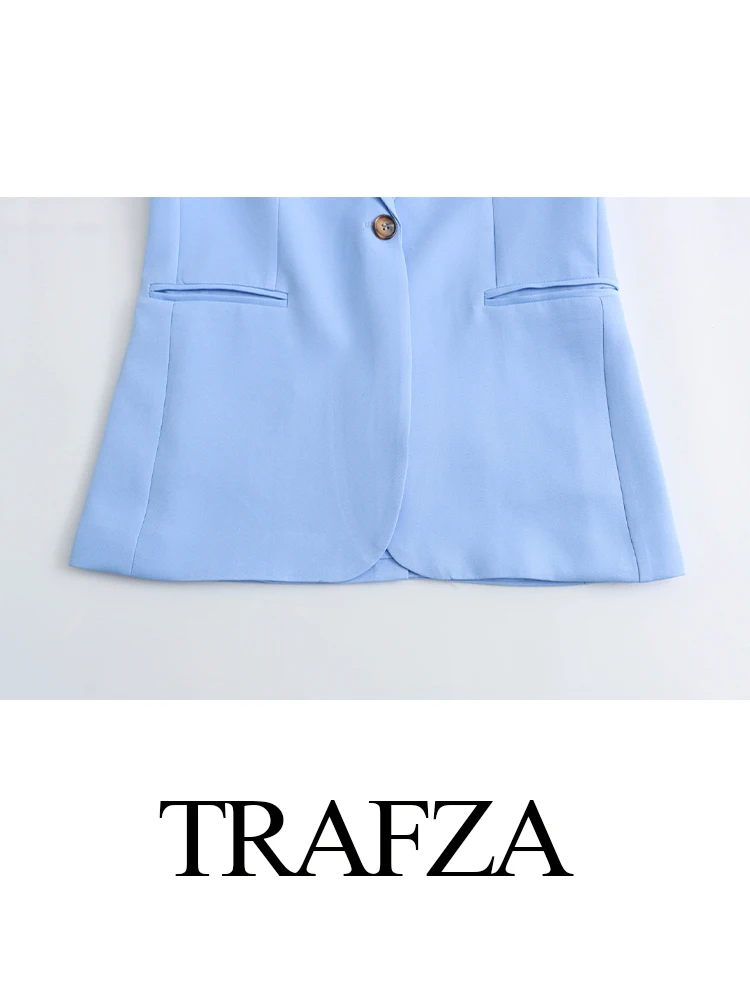 TRAFZA Female Sets Blue Turn-Down Collar Long Sleeves Pockets Single Button+Mid Waist Pockets Zipper Wide Leg Pants Woman Suit